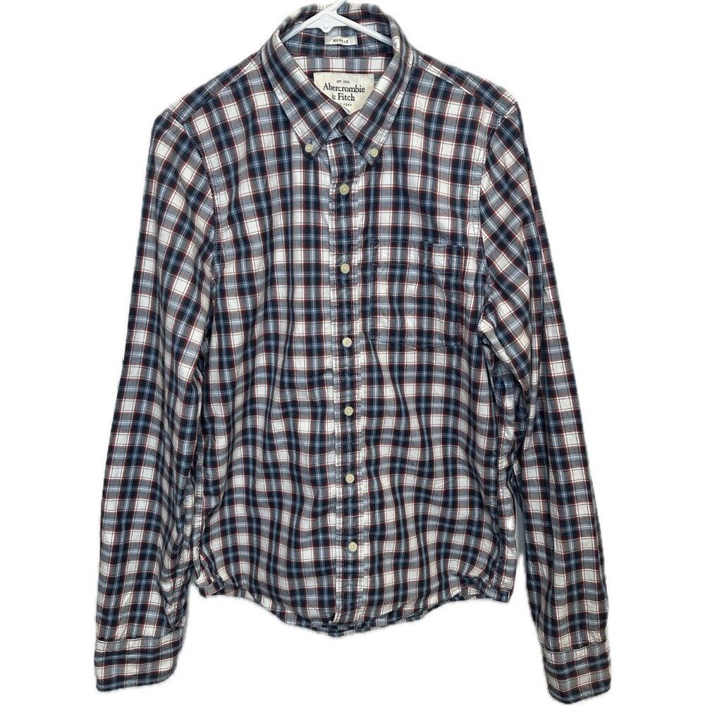 Abercrombie And Fitch Plaid Shirt Large Blue Muscle Men's Long Sleeves